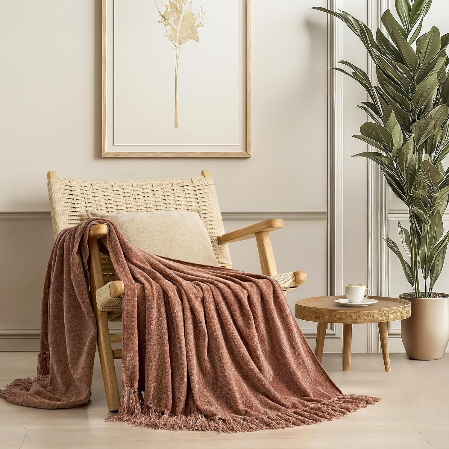 EverGrace Soft Chenille Bed Blanket Queen Size for Bed, Cozy Plush Fuzzy Lightweight Decorative Chenille Knit Throw Blanket with Tassels for Couch Sofa Gift Home Decor, Taupe 90"x90"