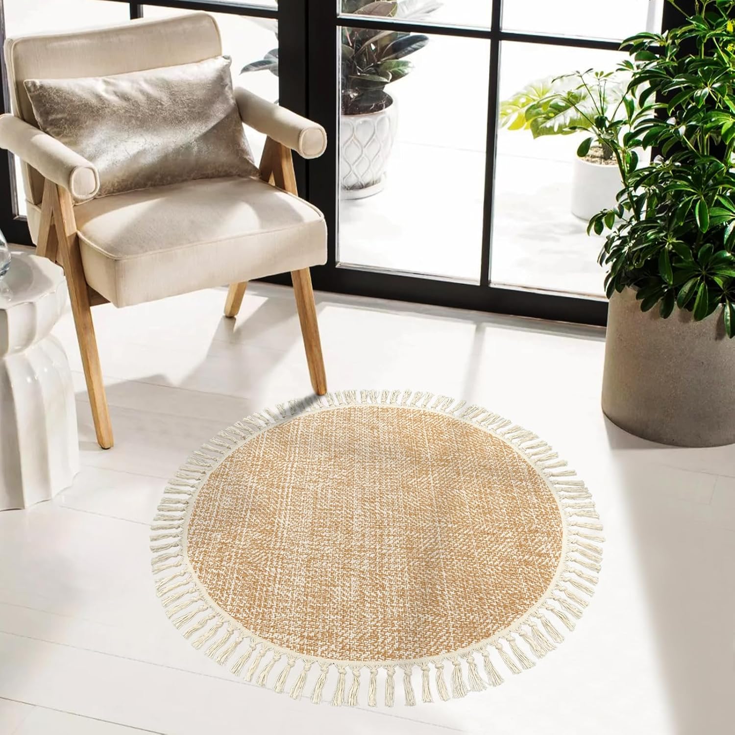 Collive Comfy Area Rug 4' x 6', Tan/Cream Woven Cotton Bedroom Rugs, Modern Indoor Accent Rug Floor Carpet with Tassel for Living Room, Nursery Room, Dining Room, Bedside, Office, Patio Decor