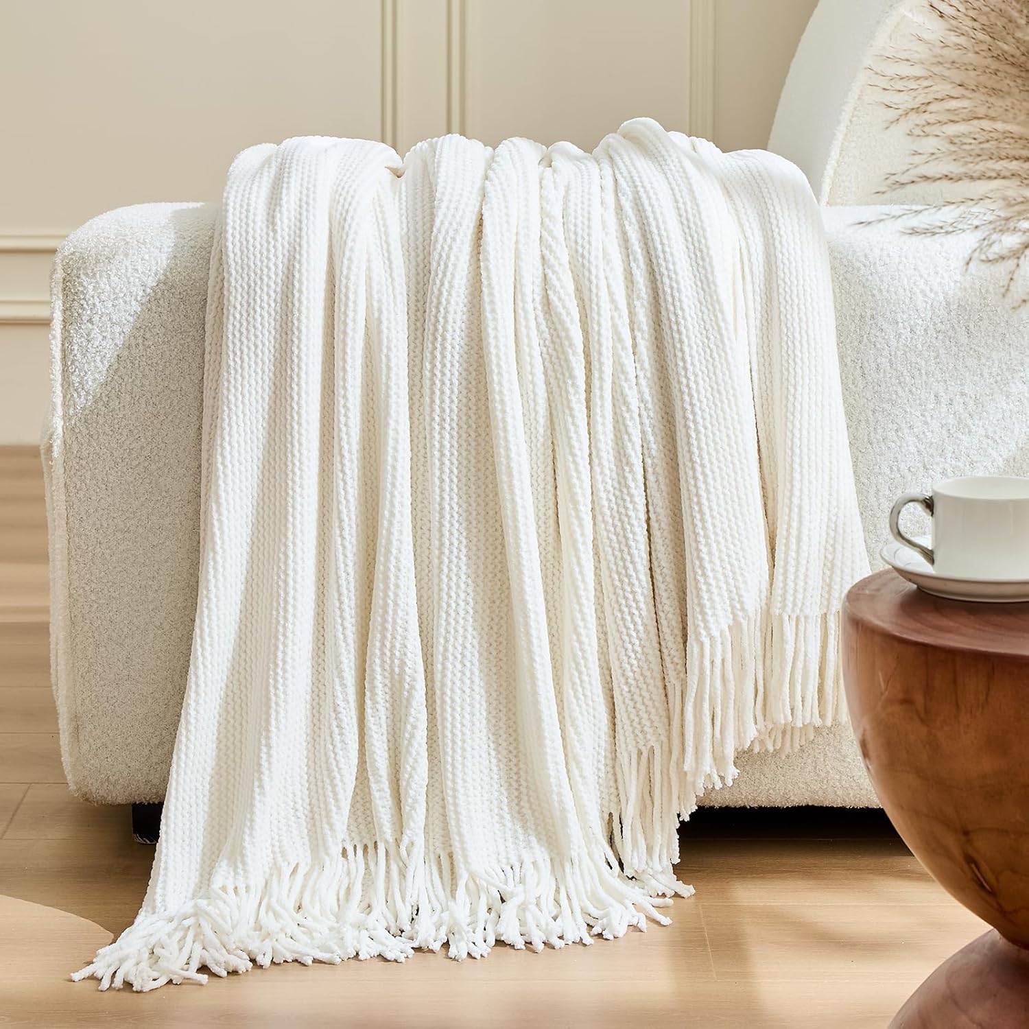 inhand Throw Blanket for Couch Bed,Chunky Chenille Woven Soft Blankets with Tassels, Cozy Boho Farmhouse Fall Winter Decor,Warm for Women,60"x80",Extra Thick-Off White