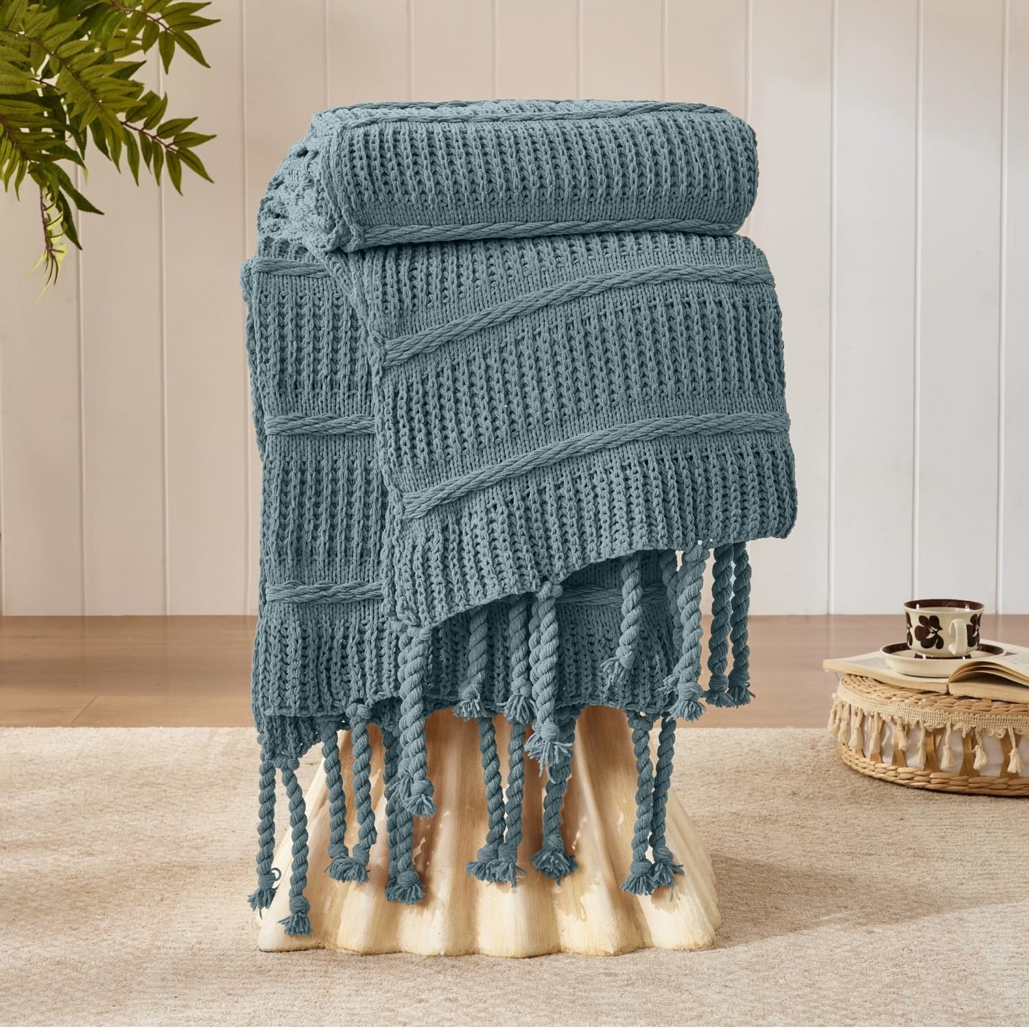 Boho Knitted Chenille Blanket with Tassels - Lightweight & Soft All-Season Throw - 3D Classic Pattern for Living Room Bedroom Couch, Cloud White, King 90"x108"