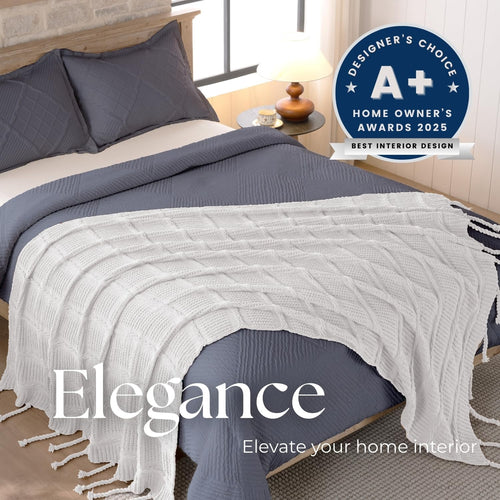 Boho Knitted Chenille Blanket with Tassels - Lightweight & Soft All-Season Throw - 3D Classic Pattern for Living Room Bedroom Couch, Cloud White, King 90"x108"