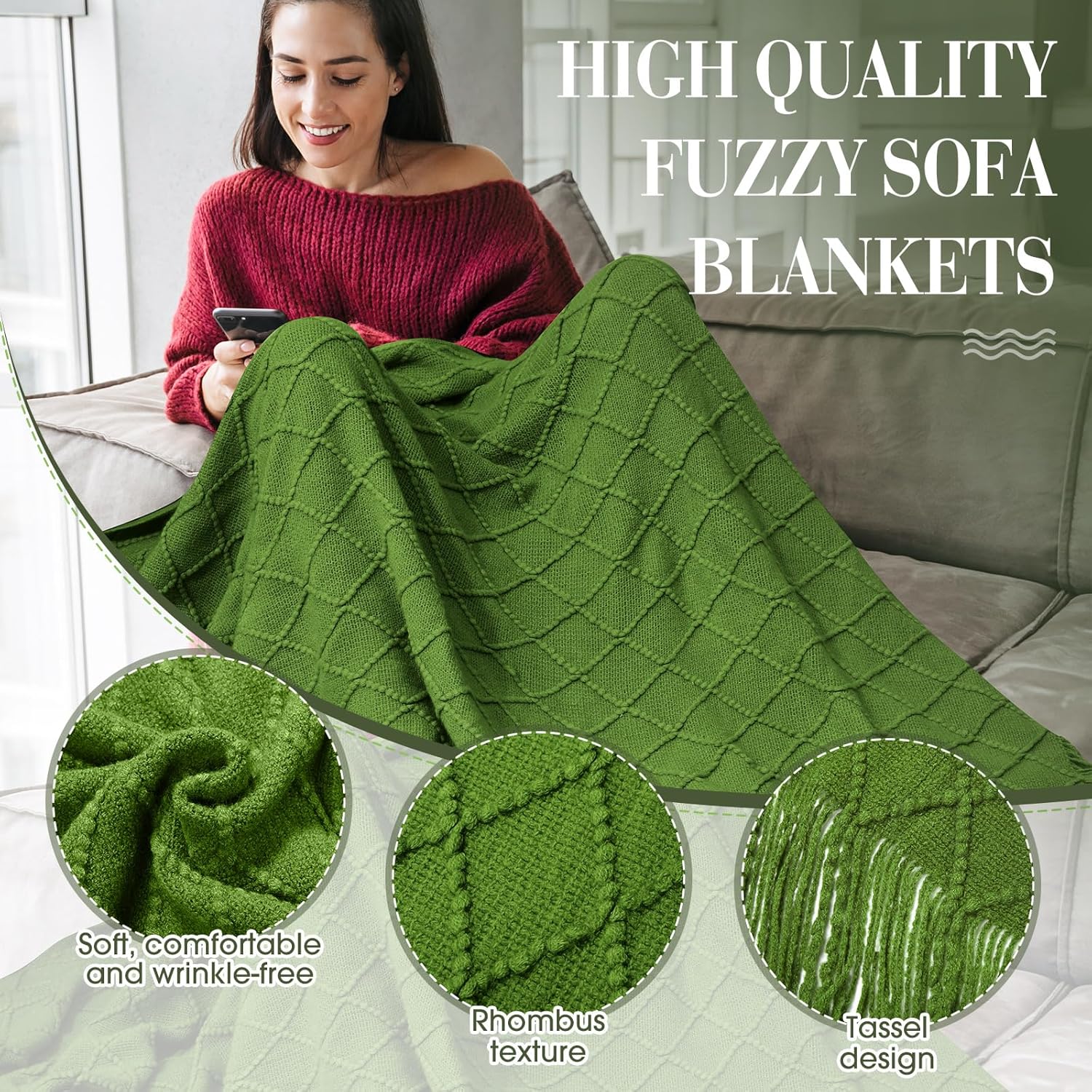 VitalCozy 51" x 71" Knitted Throw Blankets with Tassel Soft Warm Rhombus Textured Blankets for Graduation Season Employee Gifts Teacher Wedding Guests Appreciation Gifts Bulk(Green,10 Pcs)