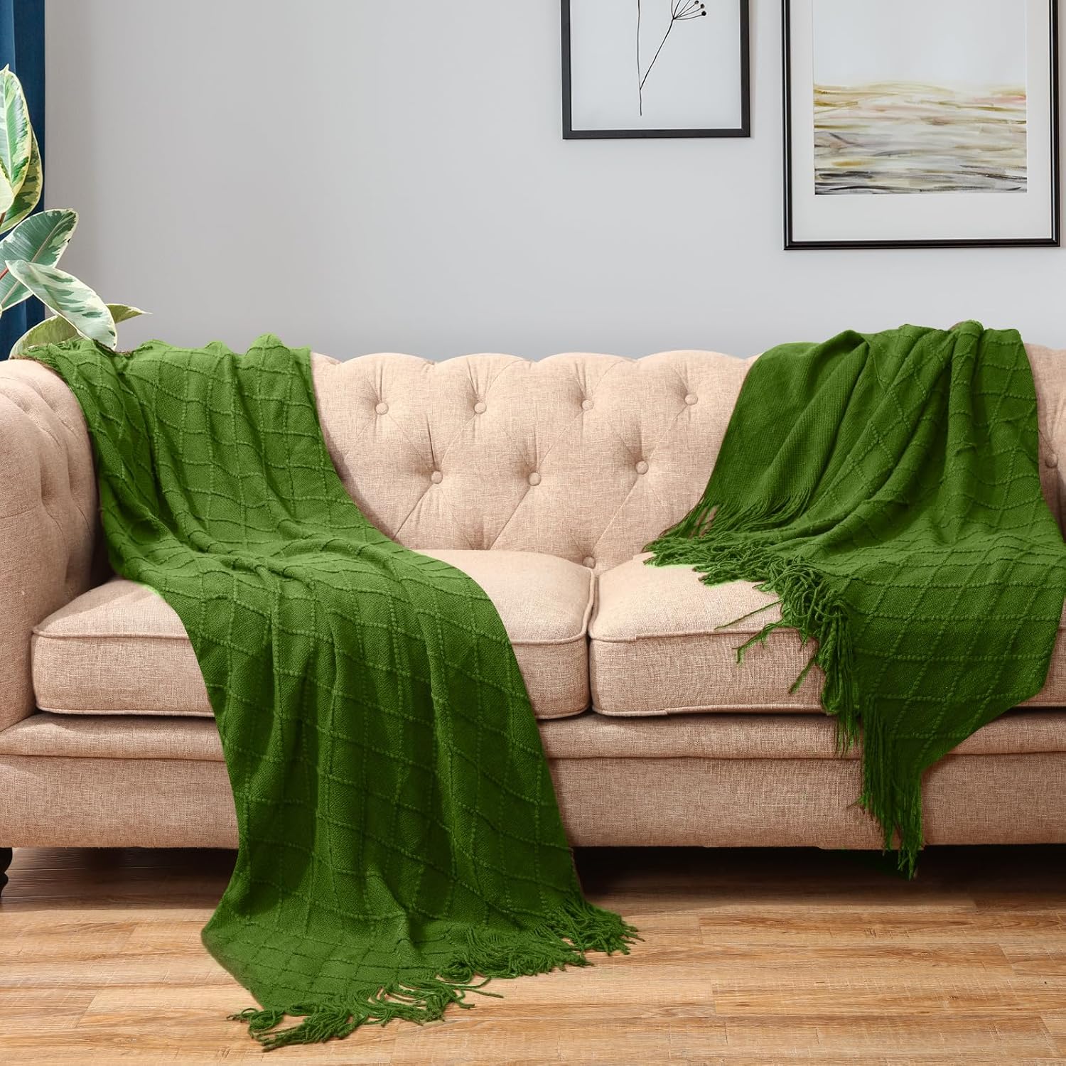 VitalCozy 51" x 71" Knitted Throw Blankets with Tassel Soft Warm Rhombus Textured Blankets for Graduation Season Employee Gifts Teacher Wedding Guests Appreciation Gifts Bulk(Green,10 Pcs)