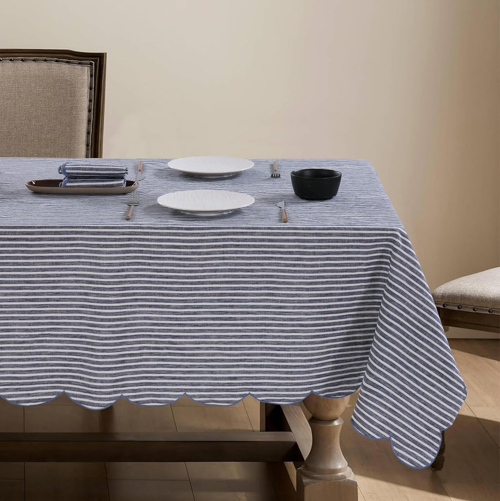 100% French Flax Linen Tablecloths Scalloped Embroidery Rectangle 144Lx60W Inch for Dinners, Spring, Machine Machine Washable, 12-14 Sets, Linen(Edges-Gold)