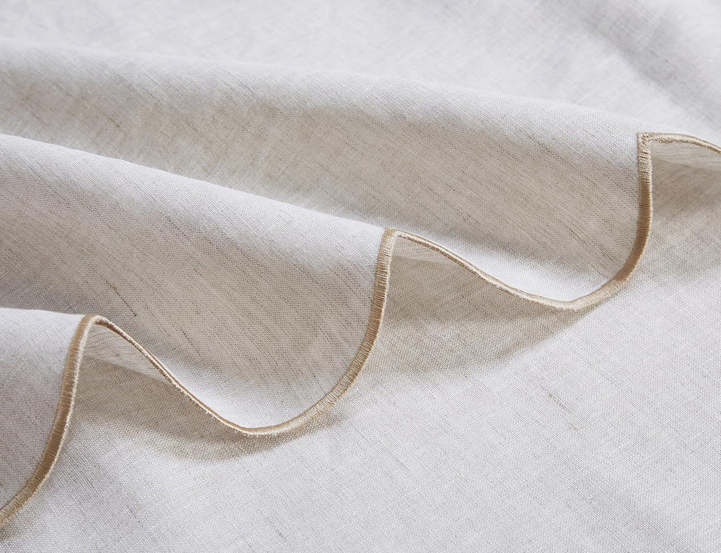 100% French Flax Linen Tablecloths Scalloped Embroidery Rectangle 144Lx60W Inch for Dinners, Spring, Machine Machine Washable, 12-14 Sets, Linen(Edges-Gold)