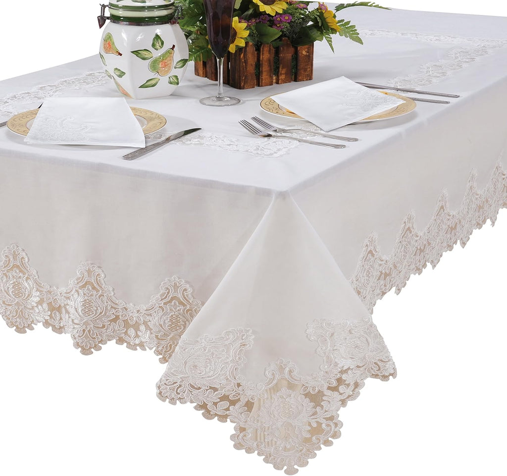 Violet Linen Imperial Embroidered Vintage Lace Design 70" X 180" Oblong/Rectangle Tablecloth in White