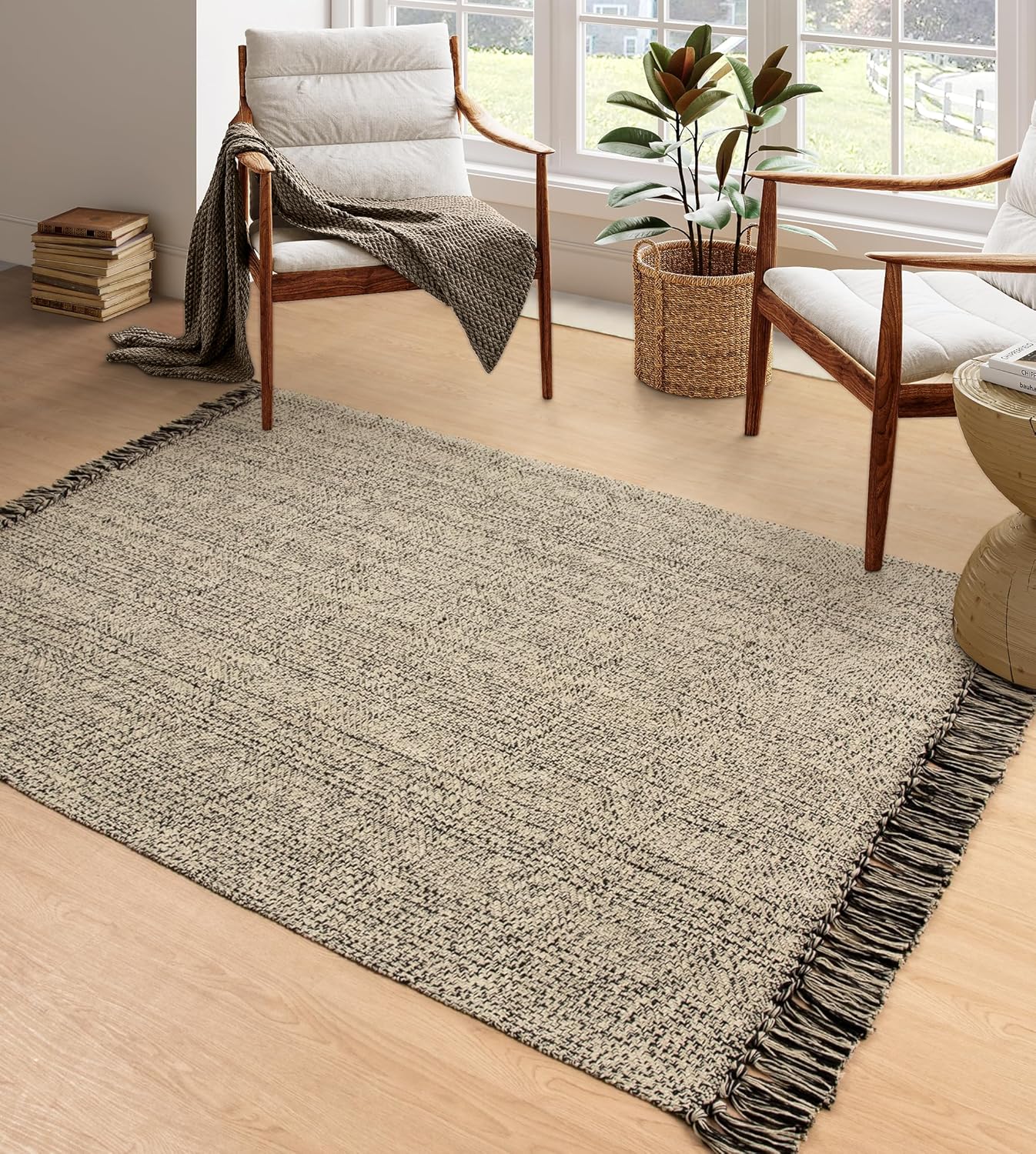 Collive Comfy Area Rug 4' x 6', Tan/Cream Woven Cotton Bedroom Rugs, Modern Indoor Accent Rug Floor Carpet with Tassel for Living Room, Nursery Room, Dining Room, Bedside, Office, Patio Decor