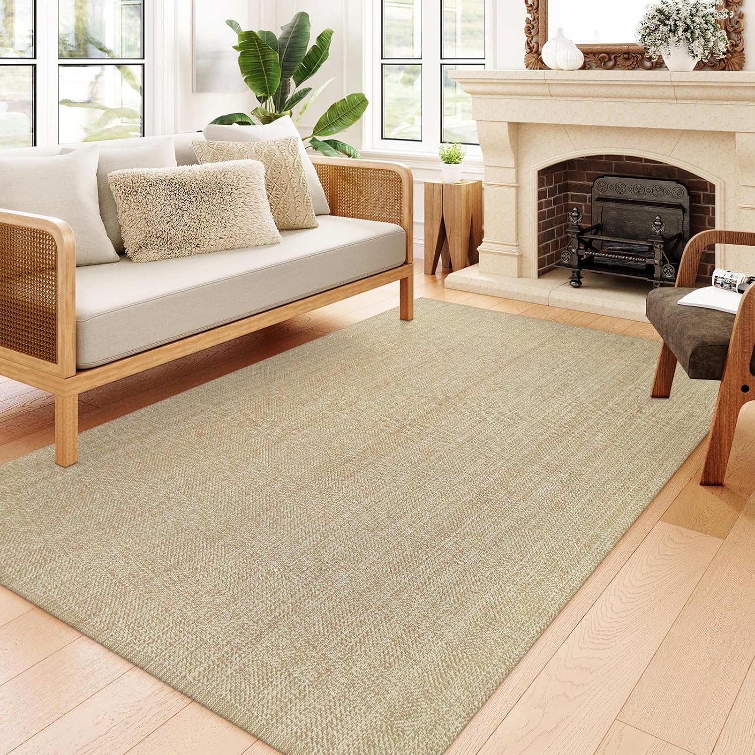 Collive Comfy Area Rug 4' x 6', Tan/Cream Woven Cotton Bedroom Rugs, Modern Indoor Accent Rug Floor Carpet with Tassel for Living Room, Nursery Room, Dining Room, Bedside, Office, Patio Decor