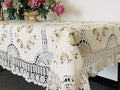 100% Cotton Crochet Lace with Ribbon Embroidered Linen Tablecloth (68X120 OB.) Beige/White