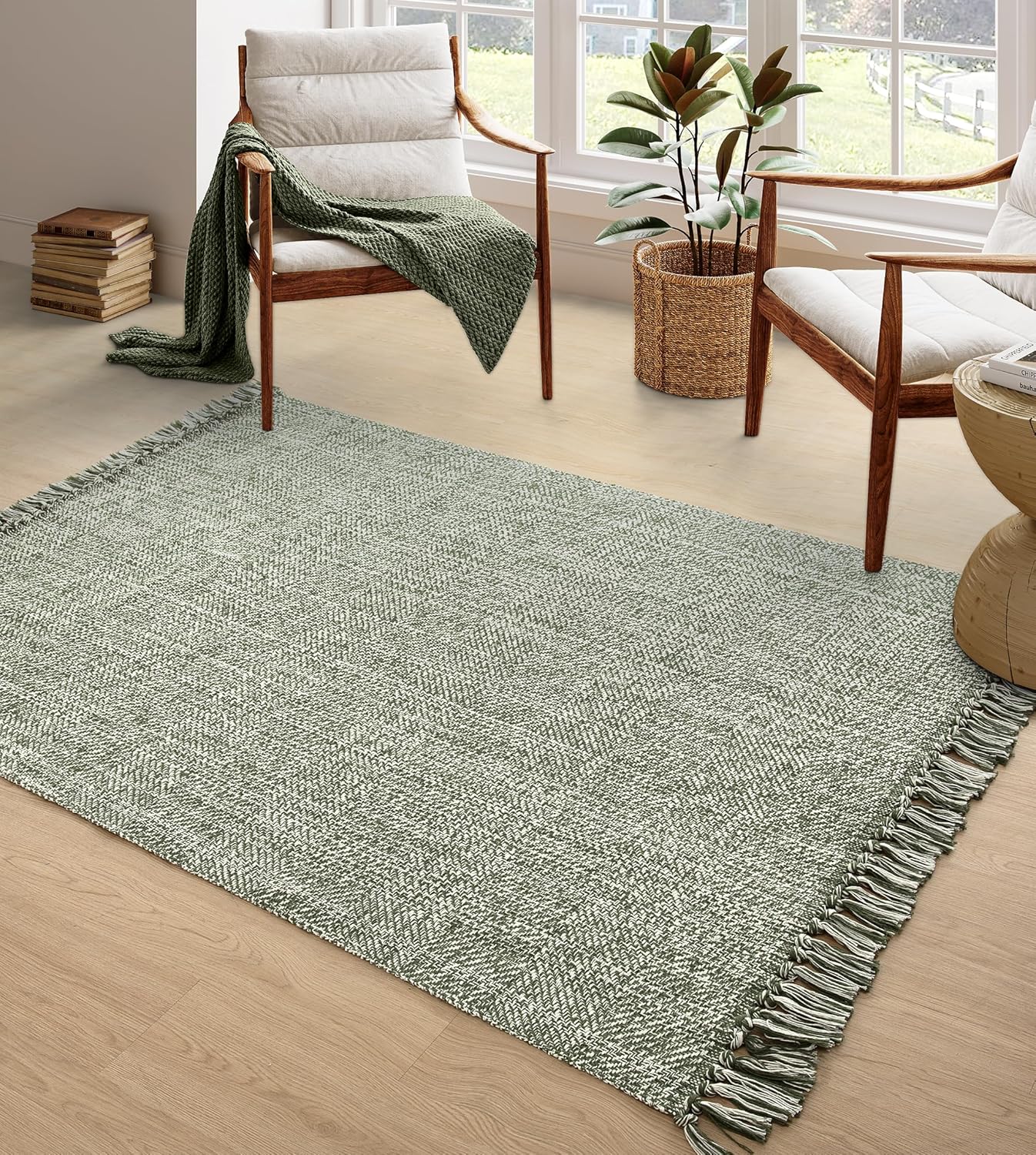 Collive Comfy Area Rug 4' x 6', Tan/Cream Woven Cotton Bedroom Rugs, Modern Indoor Accent Rug Floor Carpet with Tassel for Living Room, Nursery Room, Dining Room, Bedside, Office, Patio Decor