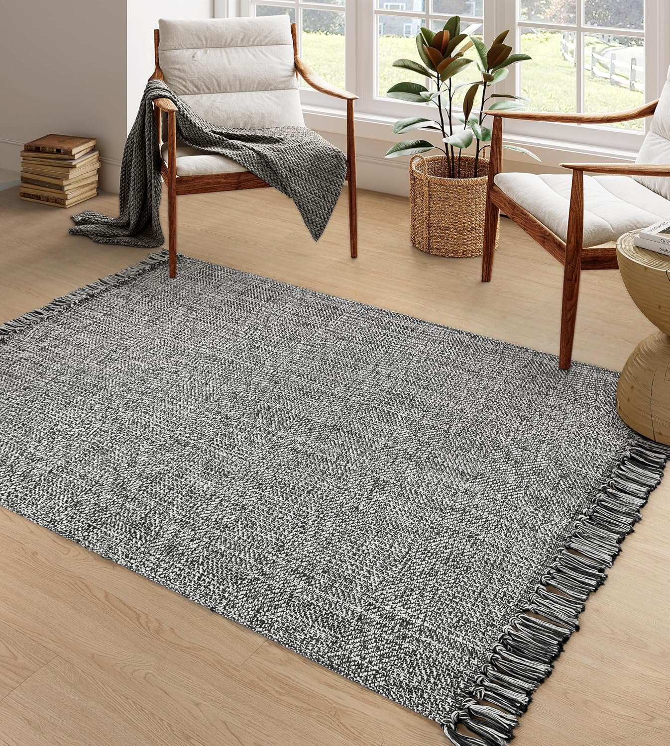 Collive Comfy Area Rug 4' x 6', Tan/Cream Woven Cotton Bedroom Rugs, Modern Indoor Accent Rug Floor Carpet with Tassel for Living Room, Nursery Room, Dining Room, Bedside, Office, Patio Decor