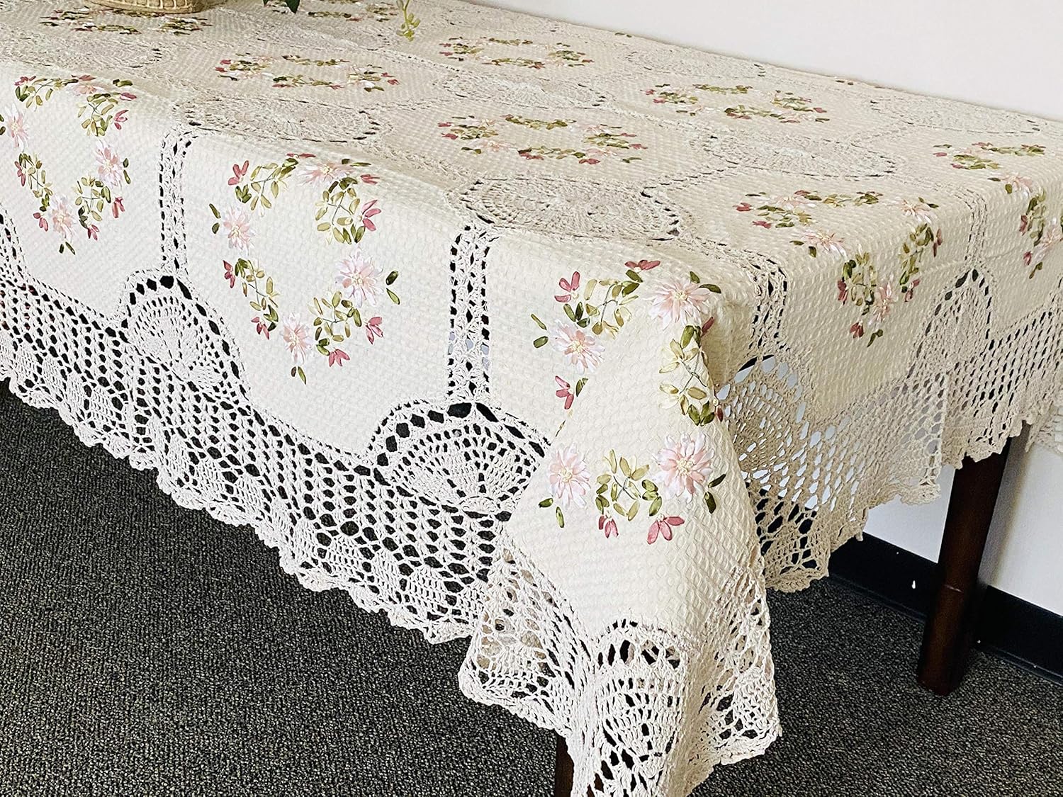 100% Cotton Crochet Lace with Ribbon Embroidered Linen Tablecloth (68X120 OB.) Beige/White